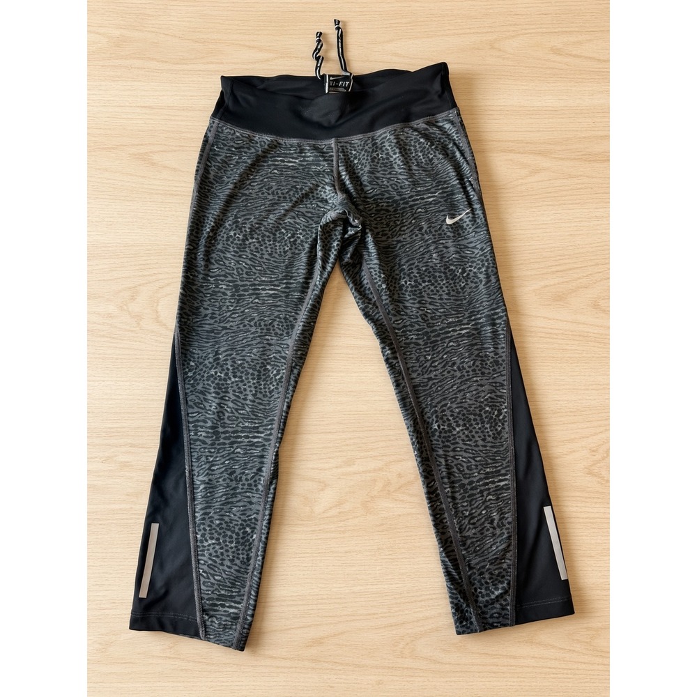 Nike Dri-FIT Women Running Leggings Gray Black Leopard Print Crop 729292-010 S